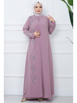 Büyük Beden Yaprak Taşlı Anne Elbisesi Pembe