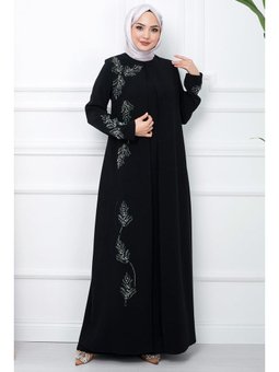 Büyük Beden Yaprak Taşlı Anne Elbisesi Siyah Elbise