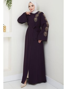 Çiçek Taşlı Kuşaklı Mürdüm Ferace