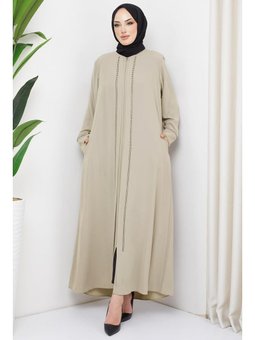 Mina Büyük Beden Taşlı Bej Ferace