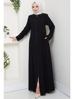 Yakası Ve Manşeti Taş Detaylı Siyah Ferace