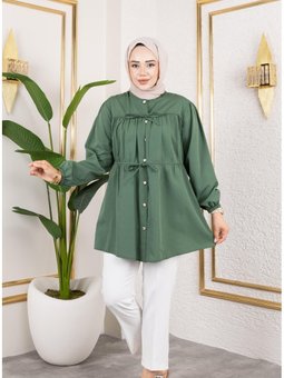 Düğmeli Bağlamalı Haki Gömlek