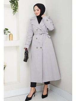 Düğmeli Kuşaklı Gri Trençkot