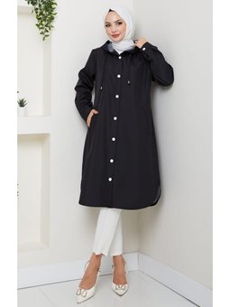 Kapüşonlu İçi Çizgili Mevsimlik Siyah Kap Trenç