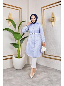 Kemerli Çizgili Keten gömlek