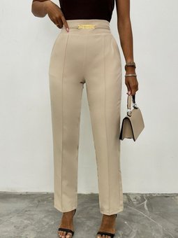Bej Beli Lastikli Cepli Metal Detaylı Pantolon