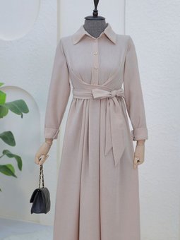 Bej Yarım Düğmeli Önü Çapraz Bağlamalı Keten Elbise