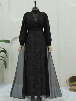 Siyah Boncuk Ve Pul Detaylı Kemerli Şifon Abiye Elbise