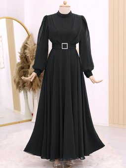 Siyah Kemeri Taşlı Önü Pileli Abiye Elbise