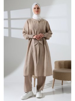 Gizli Fermuarlı Yandan Yırtmaçlı Gipeli Hac Umre Kıyafeti İkili Takım Bej