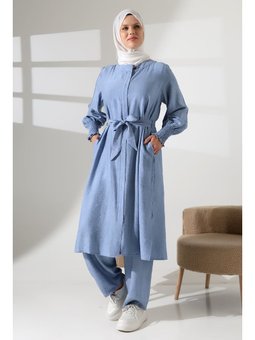 Gizli Fermuarlı Yandan Yırtmaçlı Gipeli Hac Umre Kıyafeti İkili Takım Mavi