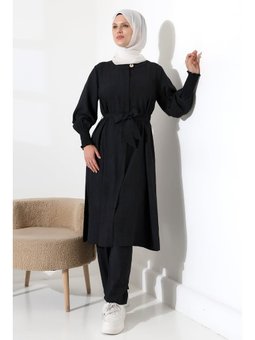 Gizli Fermuarlı Yandan Yırtmaçlı Gipeli Hac Umre Kıyafeti İkili Takım Siyah