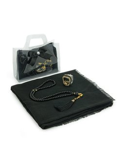 Çantalı Flamlı Eşarp Zikirmatik Tesbih Mevlüt Hediye Seti Siyah