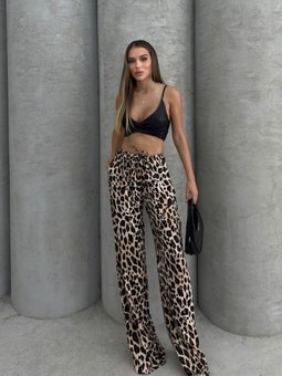 Bej Leopar Desenli Saten Pantolon