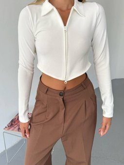 Beyaz Ottoman Kumaş Çift Fermuarlı Crop Sweatshirt