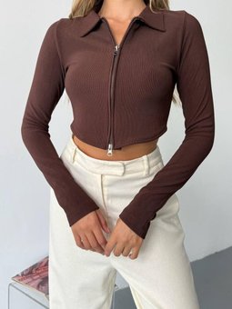 Kahve Ottoman Kumaş Çift Fermuarlı Crop Sweatshirt