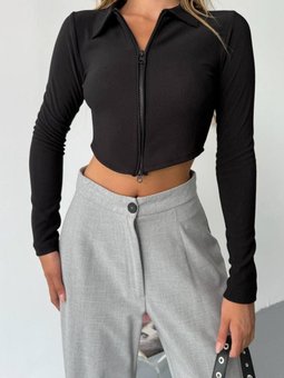 Siyah Ottoman Kumaş Çift Fermuarlı Crop Sweatshirt