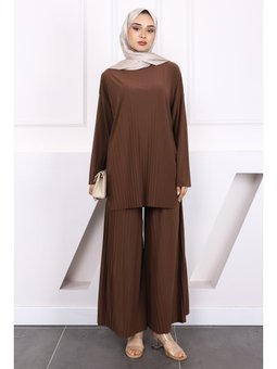 Açık Kahve Piliseli Sandy Tunik Pantolon Takım