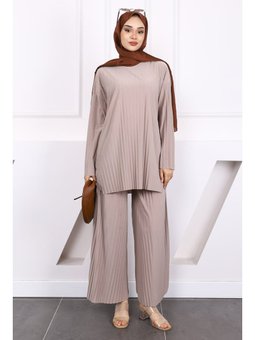 Açık Vizon Piliseli Sandy Tunik Pantolon Takım