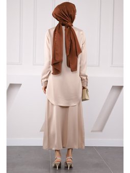 Bej Önden Bağlamalı Tunik Etekli Saten Takım