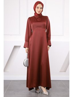 Bordo Kol Düğmeli Beli Kuşaklı Saten Abiye Elbise