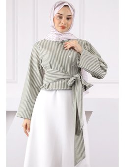 Haki Bel Bağlamalı Crop Gömlek