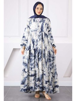 İndigo Yarım Düğmeli Eteği Katlı Elbise