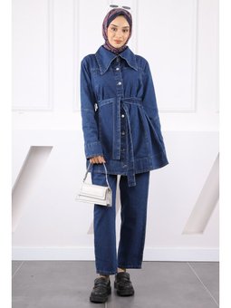Lacivert Bel Kuşaklı Kot Ceket Pantolon Takım