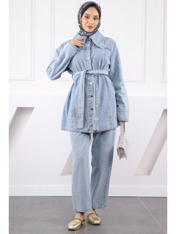 Mavi Bel Kuşaklı Kot Ceket Pantolon Takım