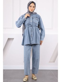 Mavi Taşlı Ceket Pantolonlu Takım