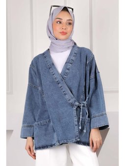 Mavi Yan Bağlamalı Cepli Kot Ceket