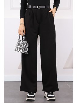 Siyah Çift Pileli Kemerli Likralı Palazzo Pantolon