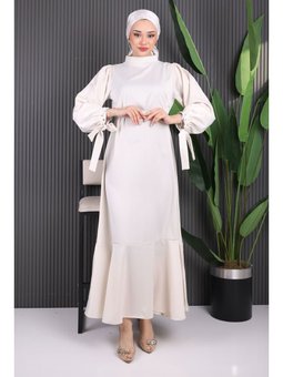 Taş Detaylı Eteği Volanlı Saten Abiye Elbise