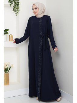 Boydan Üçgen Taşlı Lacivert Ferace