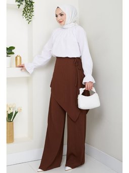 Çapraz Bağlama Detaylı Acı Kahve Krep Pantolon