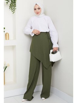 Çapraz Bağlama Detaylı Haki Krep Pantolon