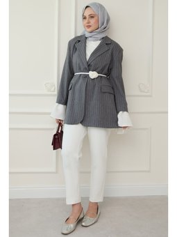 Çizgili Kolları Volanlı Antrasit Blazer Ceket