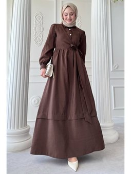 Düğme Detay Çapraz Bağlamalı Modal Acı Kahve Elbise