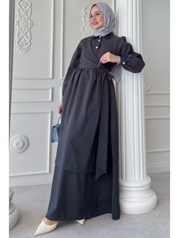 Düğme Detay Çapraz Bağlamalı Modal Antrasit Elbise