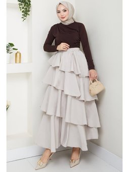 Fırfırlı Kat Kat Uzun Modal Etek Taş