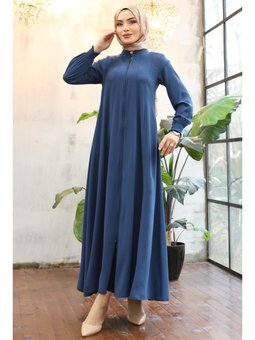 Kolu Büzgülü Boydan Biyeli Saks Mavisi Ferace