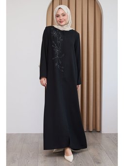 Parlak Boncuk Taşlı Siyah Ferace