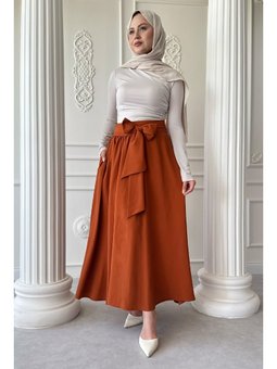 Pileli Kuşak Detay Kiremit Etek