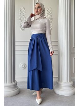 Pileli Kuşak Detay Saks Mavisi Etek