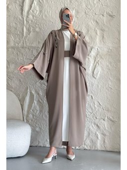 Sarmaşık Desen Taşlı Elbiseli Abaya Bej