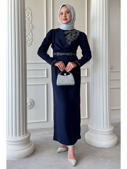 Taş Yaka Tüylü Kol Abiye Elbise