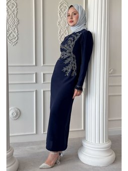 Tüy Detaylı Taşlı Lacivert Abiye Elbise
