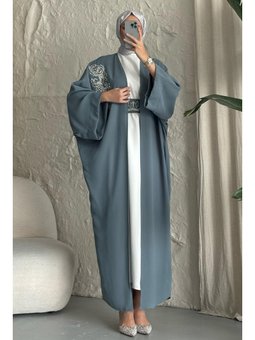 Yakası Taşlı Yarasa Kol Elbiseli Abaya Mint