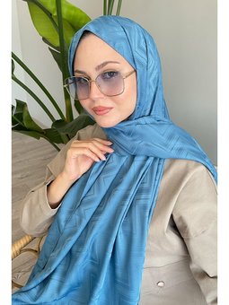 Zikzak Çizgili Mavi Jakar Şal