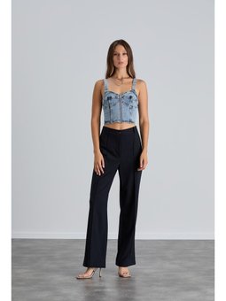 Yüksek Bel Çimalı Palazzo Pantolon Lacivert